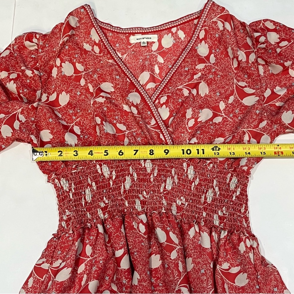 Max Studio Red Floral Smocked Fit Flare Dress Flutter Sleeve Women Small 9912D52 - Picture 15 of 16